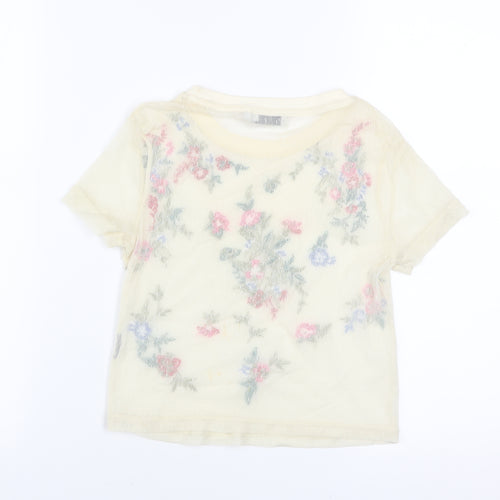 Light Before Dark Womens Beige Embroidered Floral Mesh Cropped T-Shirt XS