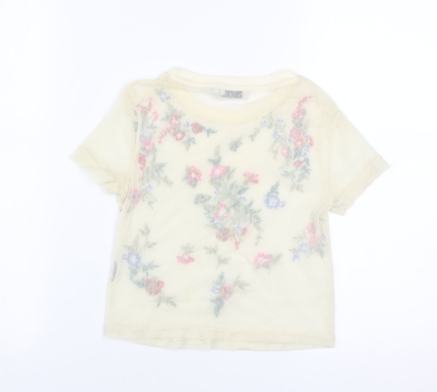 Light Before Dark Womens Beige Embroidered Floral Mesh Cropped T-Shirt XS