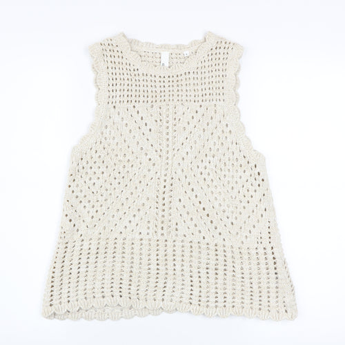 AND/OR Women Beige Open-Knit Cotton Sleeveless Vest Jumper Size S