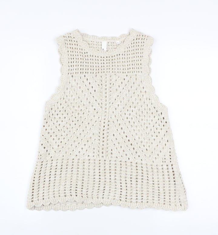 AND/OR Women Beige Open-Knit Cotton Sleeveless Vest Jumper Size S