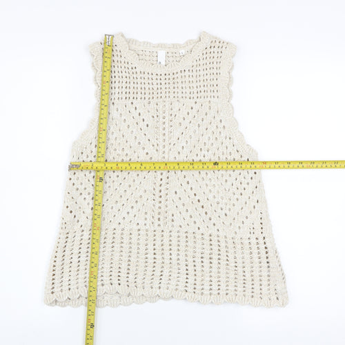 AND/OR Women Beige Open-Knit Cotton Sleeveless Vest Jumper Size S