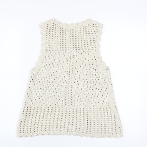 AND/OR Women Beige Open-Knit Cotton Sleeveless Vest Jumper Size S