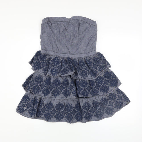 Superdry Women Blue Strapless Ruffle Chambray Dress Size L