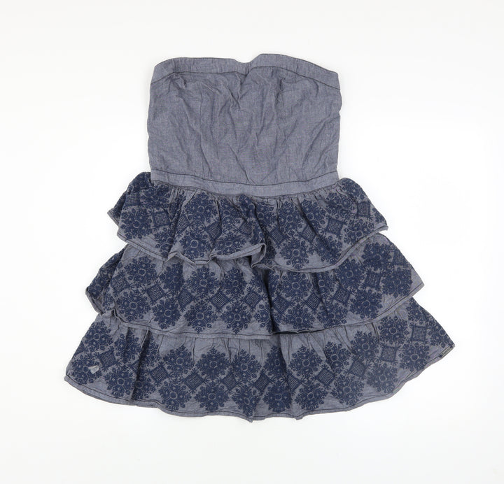 Superdry Women Blue Strapless Ruffle Chambray Dress Size L