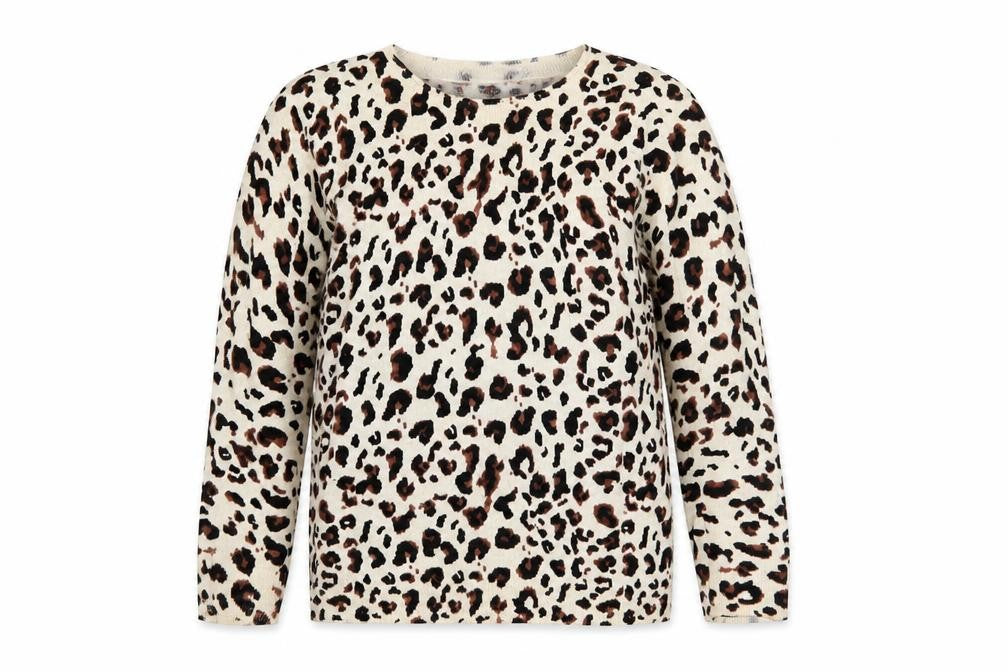 Front view of Mint Velvet women’s beige leopard print jumper, size UK 8