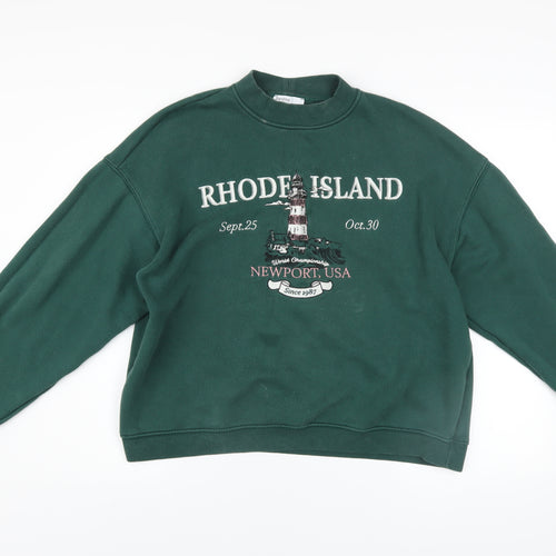 Bershka Women Green Rhode Island Graphic Pullover Sweatshirt Size M