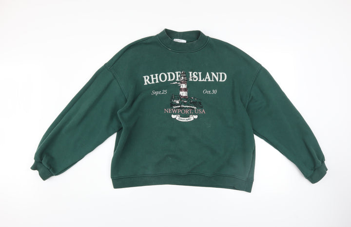 Bershka Women Green Rhode Island Graphic Pullover Sweatshirt Size M