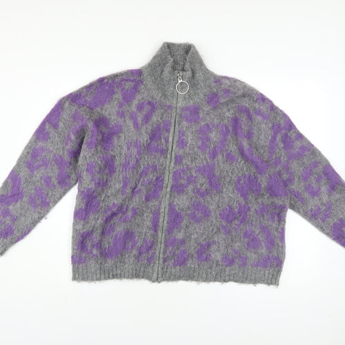 Religion Women Grey Leopard Knit Bomber Jacket Size 10