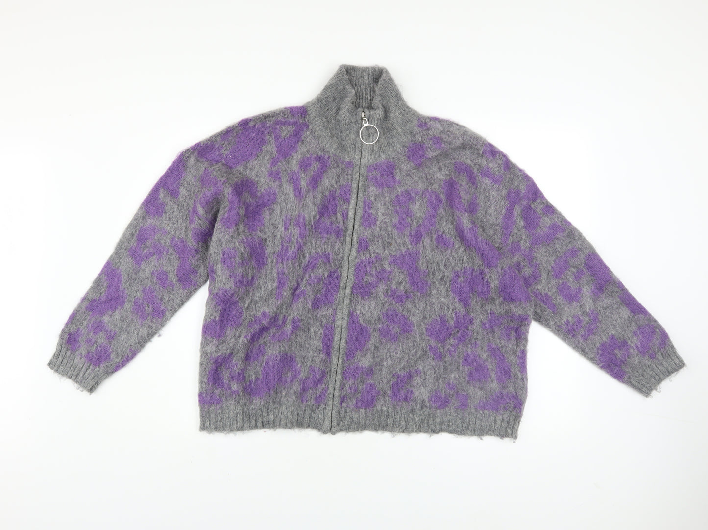 Religion Women Grey Leopard Knit Bomber Jacket Size 10