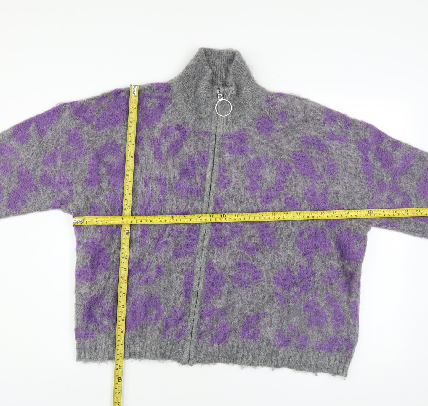 Religion Women Grey Leopard Knit Bomber Jacket Size 10