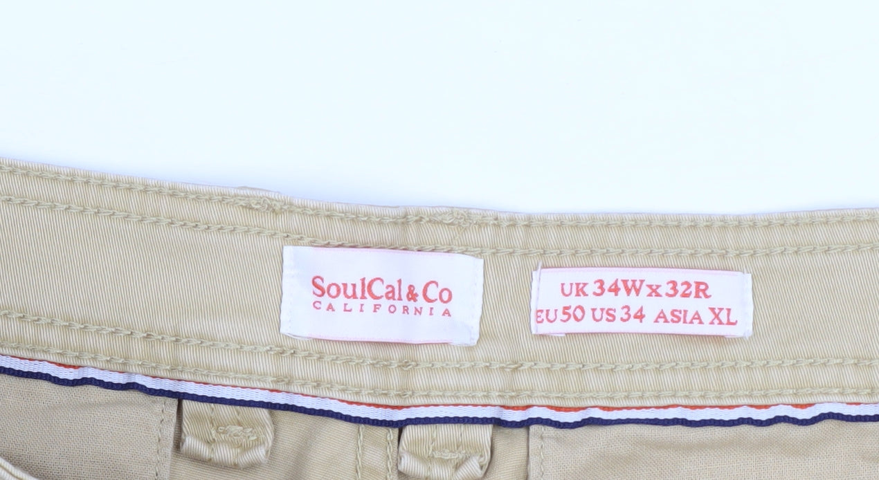 SoulCal & Co Men's Beige Chino Trousers Size L 34W x 32L Slim Fit Cotton