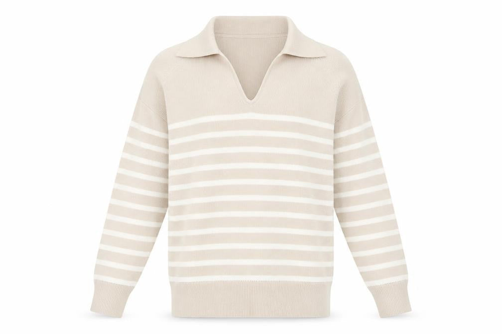 Front view of Dunnes Men’s Beige Striped Collared jumper, size S