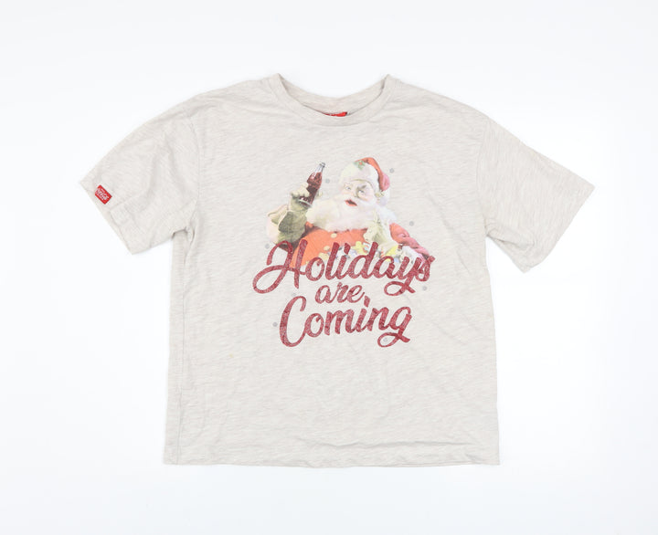 Coca-Cola Women Beige Christmas Santa T-Shirt Size 10 Short Sleeve