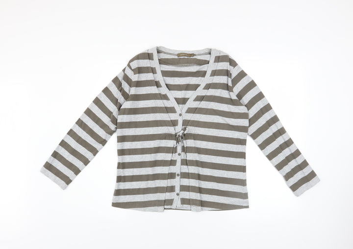 Sandwich Womens Grey Striped Long Sleeve Cardigan L Cotton V-Neck