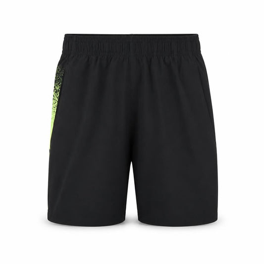 Front view of Under Armour boys’ black green athletic shorts, size M, polyester