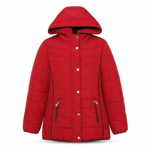 Front view of David Barry women’s red hooded puffer jacket, size UK 12, winter coat