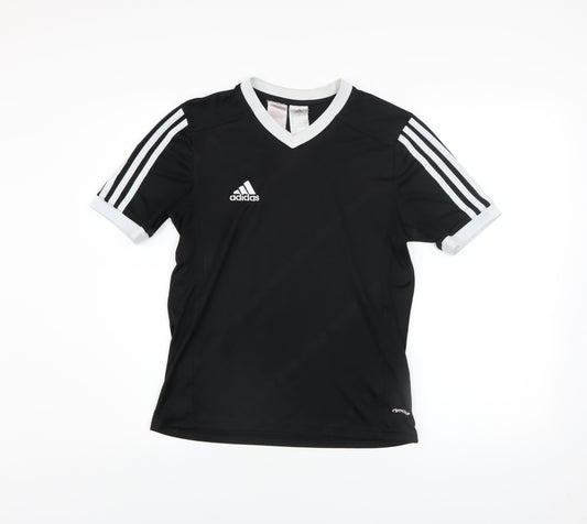 Front view of adidas boys’ black football jersey t-shirt, size 14, years lightweight sports top