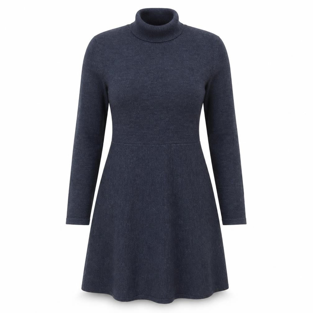 French Connection Women's Blue Knit Roll Neck A-Line Dress Size L