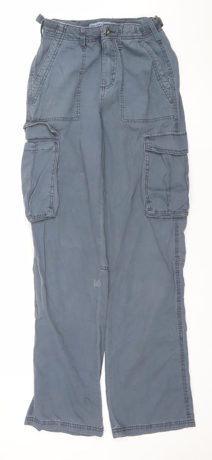 Bershka Women's Blue Cotton Cargo Trousers Size 4 Regular Fit