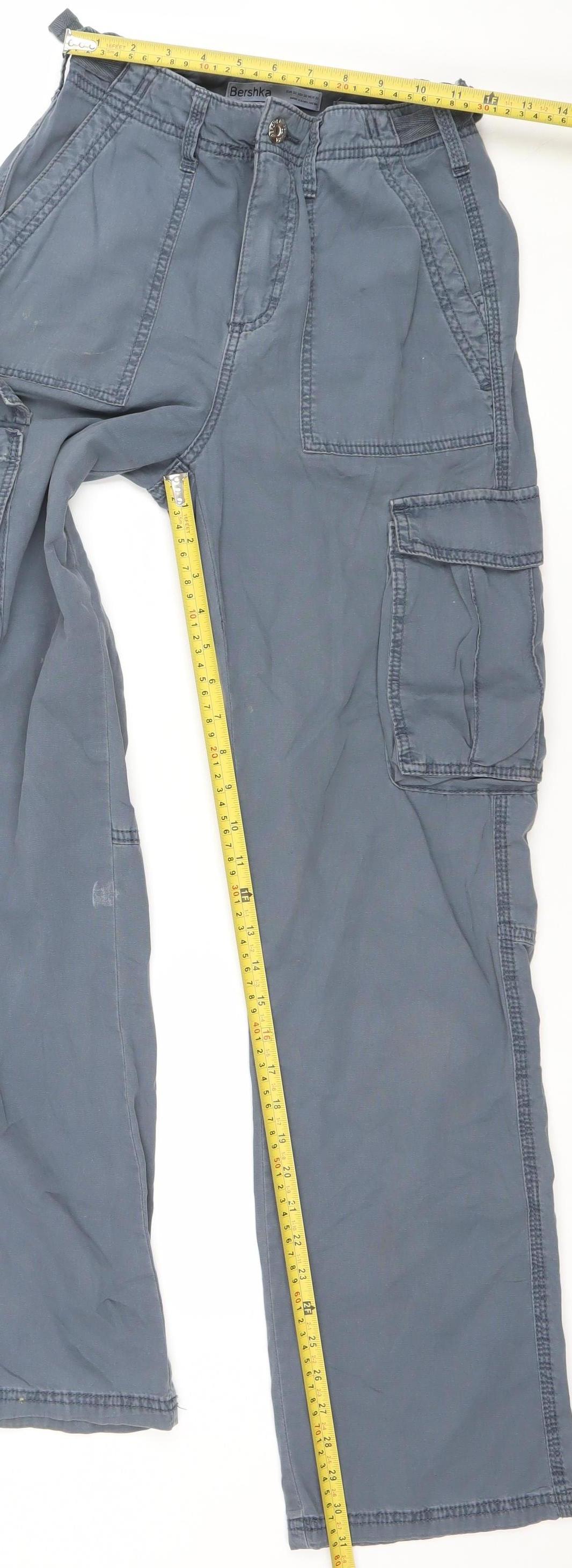 Bershka Women's Blue Cotton Cargo Trousers Size 4 Regular Fit