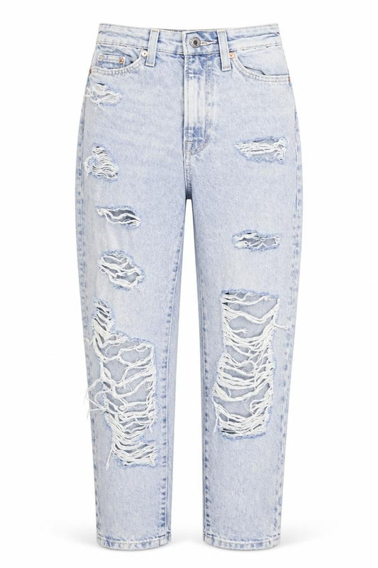 Front view of H&M Women’s Blue High Rise Distressed Mom Jeans, size UK 4