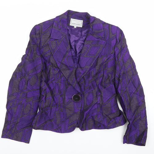 Michel Ambers Women's Purple Geometric Jacquard Silk Wool Blend Blazer Size 12