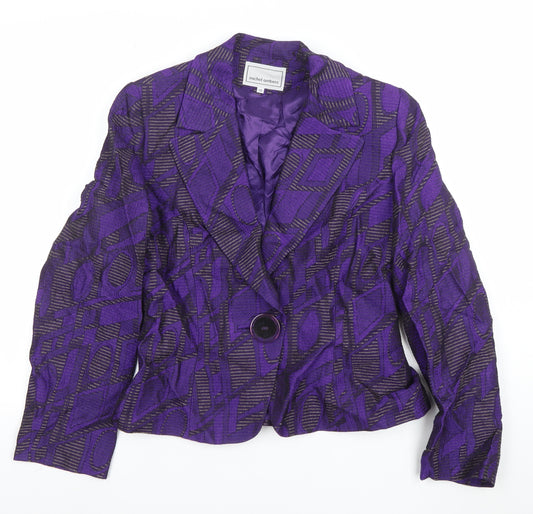 Michel Ambers Women's Purple Geometric Jacquard Silk Wool Blend Blazer Size 12
