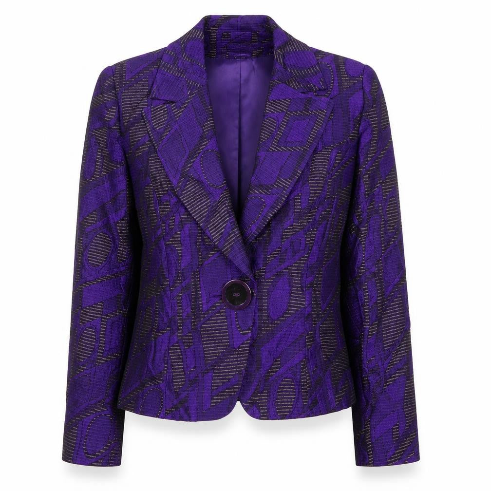 Front view of Michel Ambers Women's Purple Geometric Jacquard Silk Wool Blend Blazer, size 12