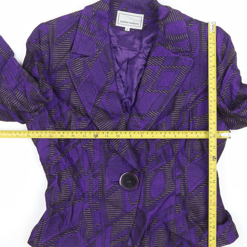 Michel Ambers Women's Purple Geometric Jacquard Silk Wool Blend Blazer Size 12