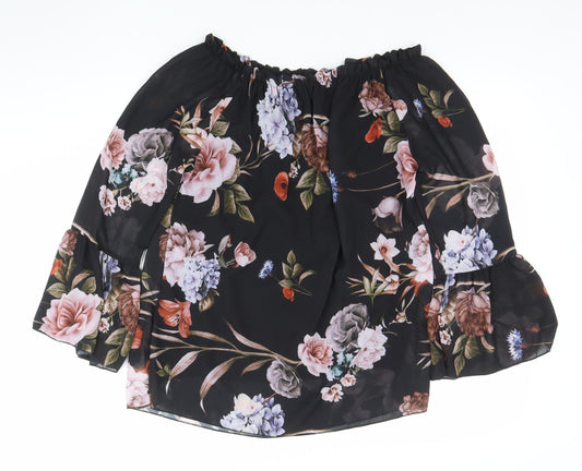 Mela London Women's Black Floral Off Shoulder Bell Sleeve Tunic Blouse Size L