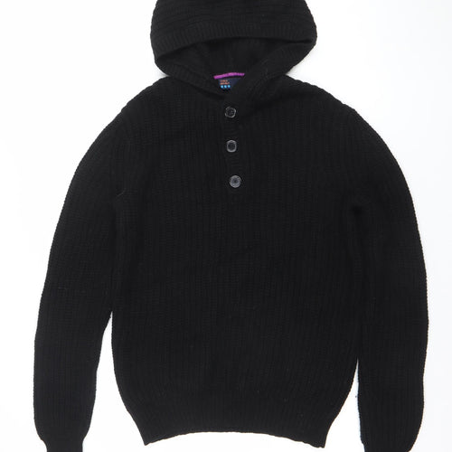 World Republic Men's Black Wool Cotton Hooded Henley Jumper Size S