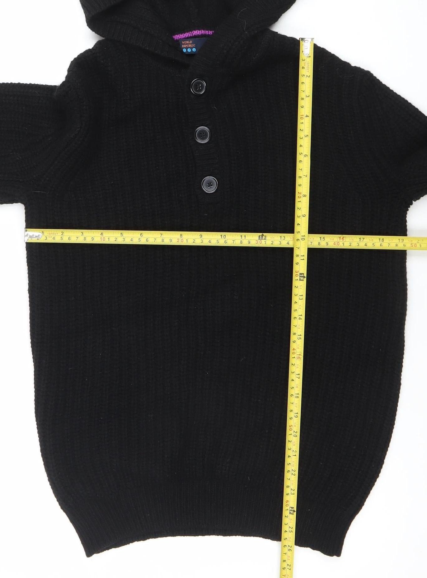 World Republic Men's Black Wool Cotton Hooded Henley Jumper Size S