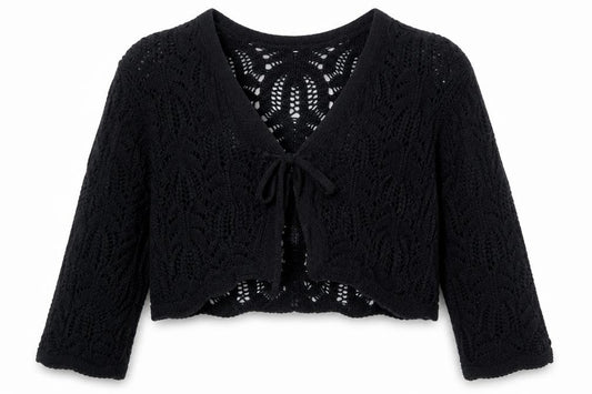 Front view of Marks & Spencer girls’ black knit tie front cardigan 3-4 years
