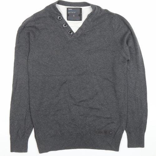 Next Men’s Grey V-Neck Button Detail Cotton Cashmere Jumper Size S