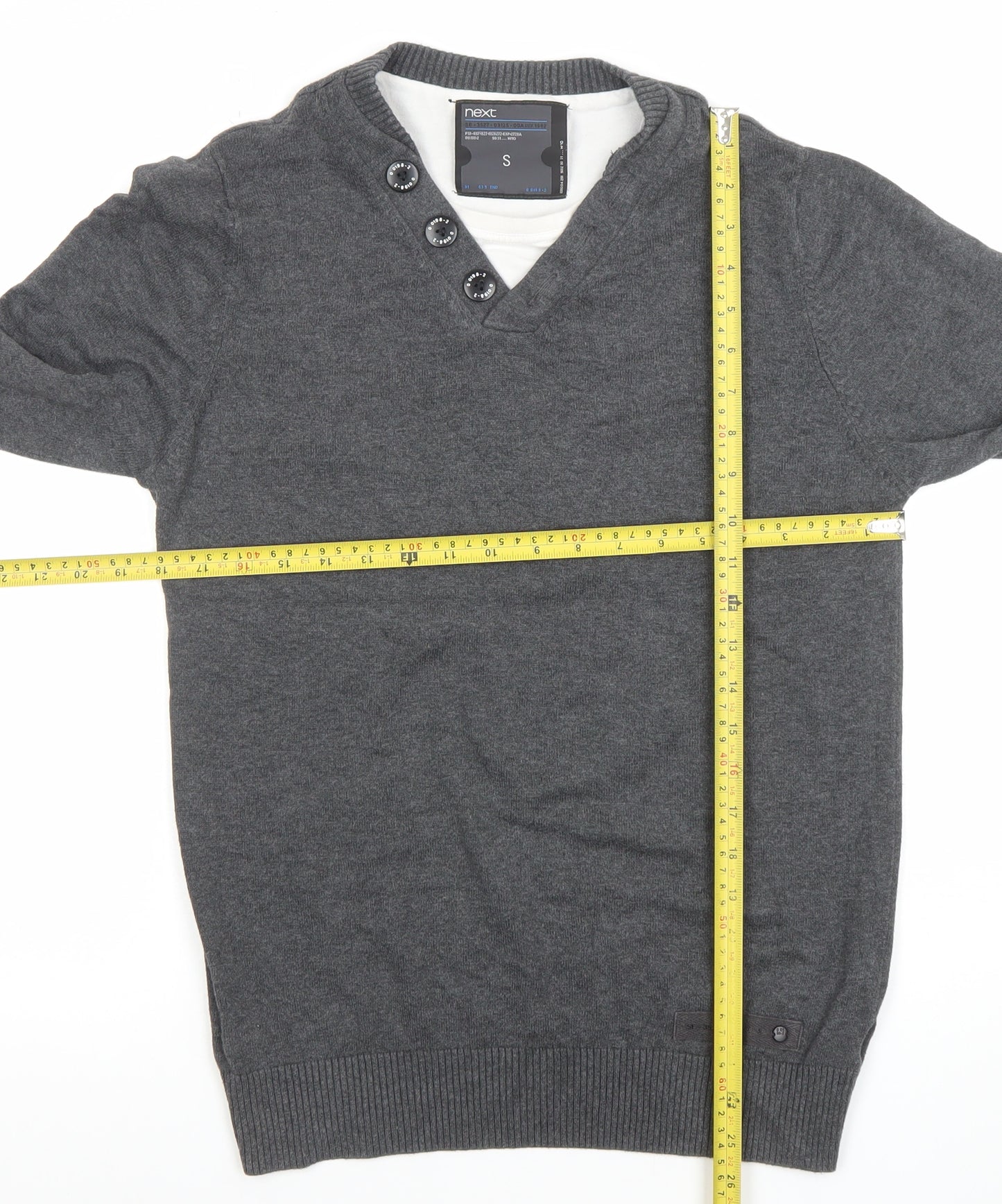 Next Men’s Grey V-Neck Button Detail Cotton Cashmere Jumper Size S