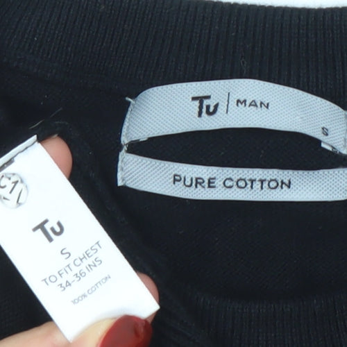 Tu Men’s Black Cotton Crew Neck Jumper Size S Regular Fit