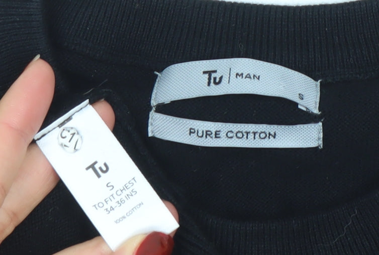 Tu Men’s Black Cotton Crew Neck Jumper Size S Regular Fit