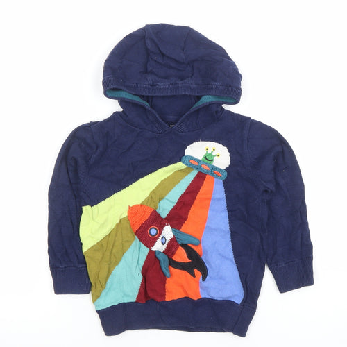 Next Boys Navy Cotton Pullover Hoodie 3-4 Years Rocket Applique Design