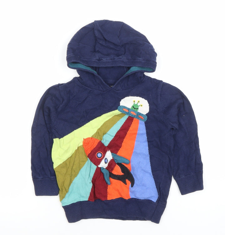 Next Boys Navy Cotton Pullover Hoodie 3-4 Years Rocket Applique Design