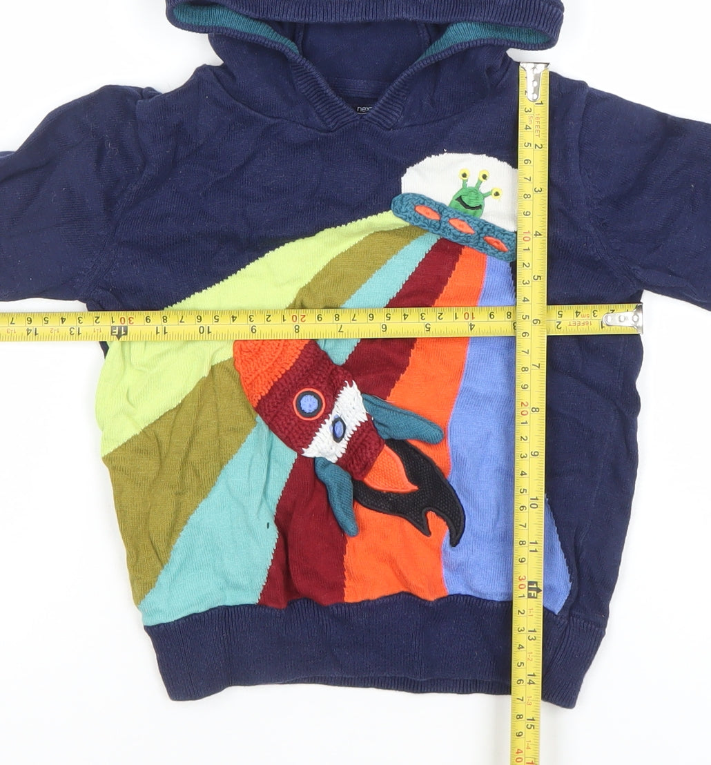 Next Boys Navy Cotton Pullover Hoodie 3-4 Years Rocket Applique Design
