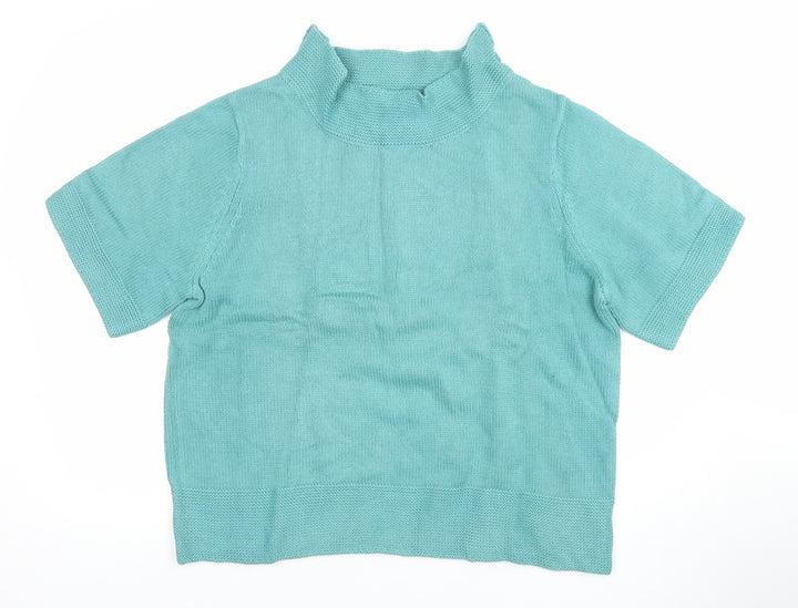 Orvis Women's Green Short Sleeve Roll Neck Cotton Blend Jumper Size L