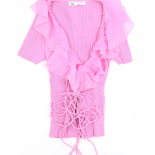 ZARA Women Pink Ruffle Wrap Short Sleeve Blouse Size S