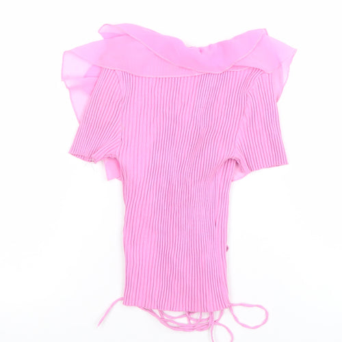 ZARA Women Pink Ruffle Wrap Short Sleeve Blouse Size S