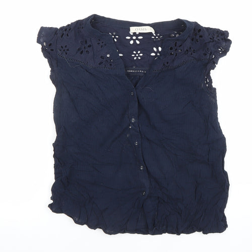 Oasis Womens Blue Cotton Embroidered Short Sleeve Tunic Blouse Size 12