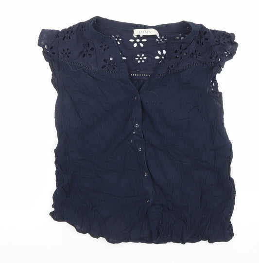 Oasis Womens Blue Cotton Embroidered Short Sleeve Tunic Blouse Size 12