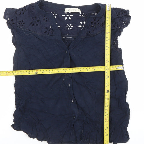Oasis Womens Blue Cotton Embroidered Short Sleeve Tunic Blouse Size 12