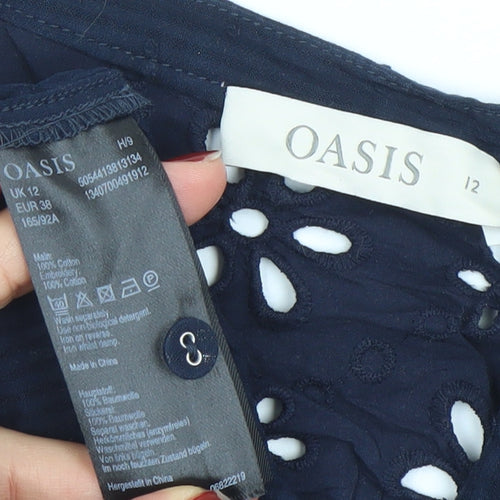 Oasis Womens Blue Cotton Embroidered Short Sleeve Tunic Blouse Size 12