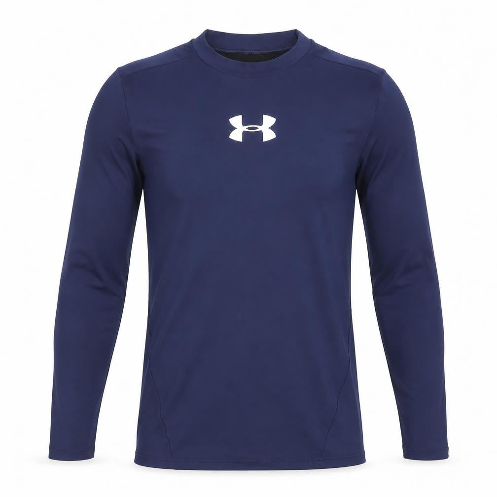 Front view of Under Armour boys’ blue long sleeve coldgear athletic pullover top, size L