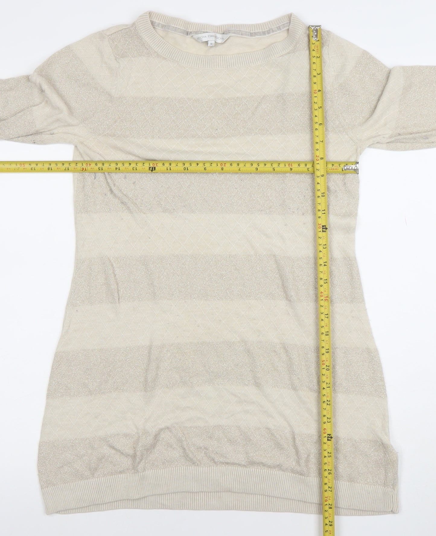 Rocha.John Rocha Women’s Beige Metallic Striped Knit Tunic Jumper Size 14