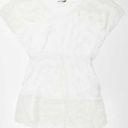 Oasis Women White Short Lace Shift Dress M V-Neck Boho Summer